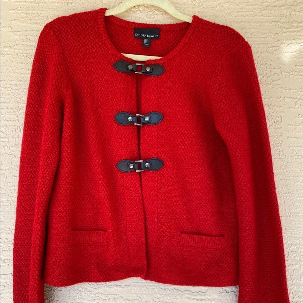 CYNTHIA ROWLEY Medium Buckle Snap Cardigan Sweater Red Vegan Business Casual